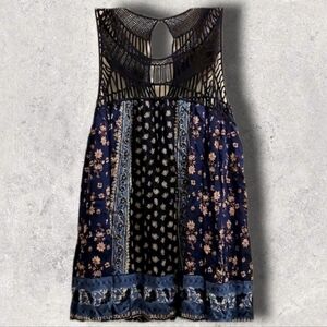 Entro LG Blue Floral Boho Sleeveless Tapestry Tunic Top